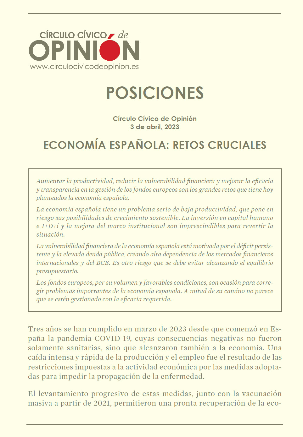Posiciones 45: Economía española: retos cruciales